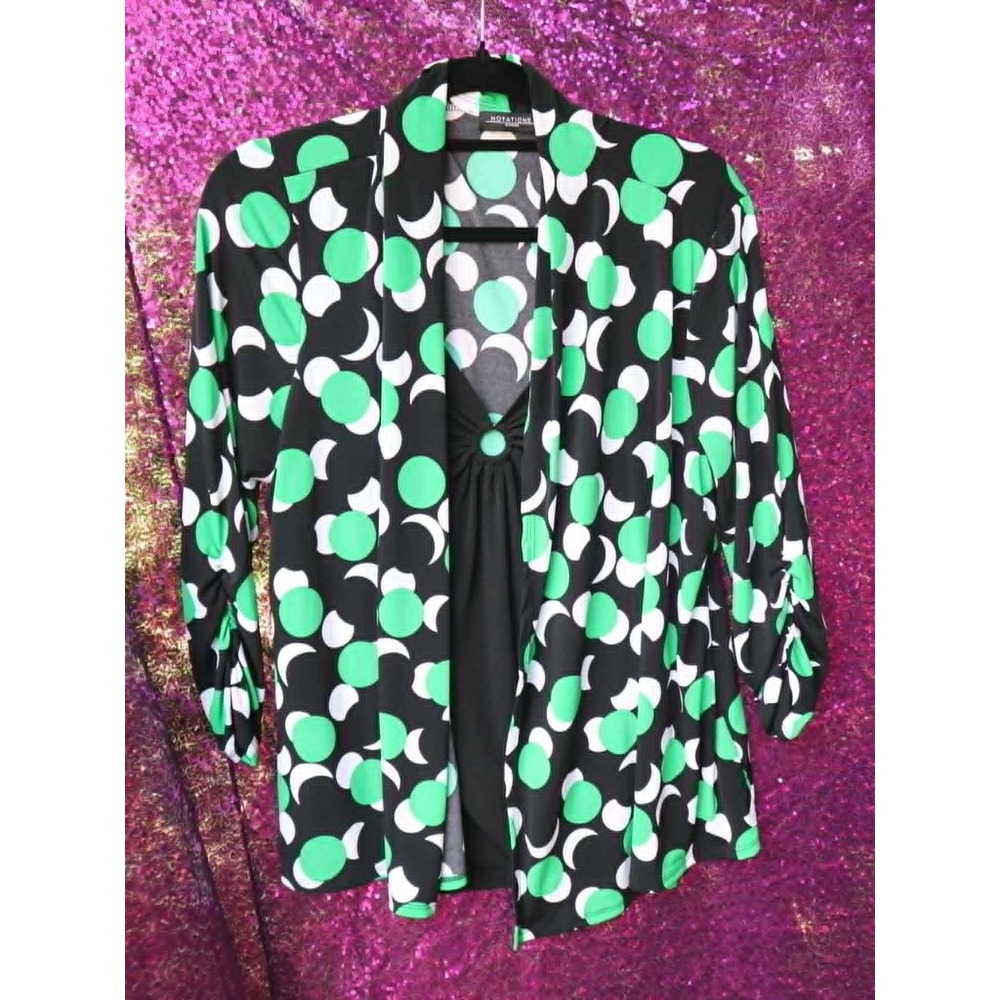 Green Print Layered Top 1X Notations Woman Geometric 3/4 Sleeve Blouse
